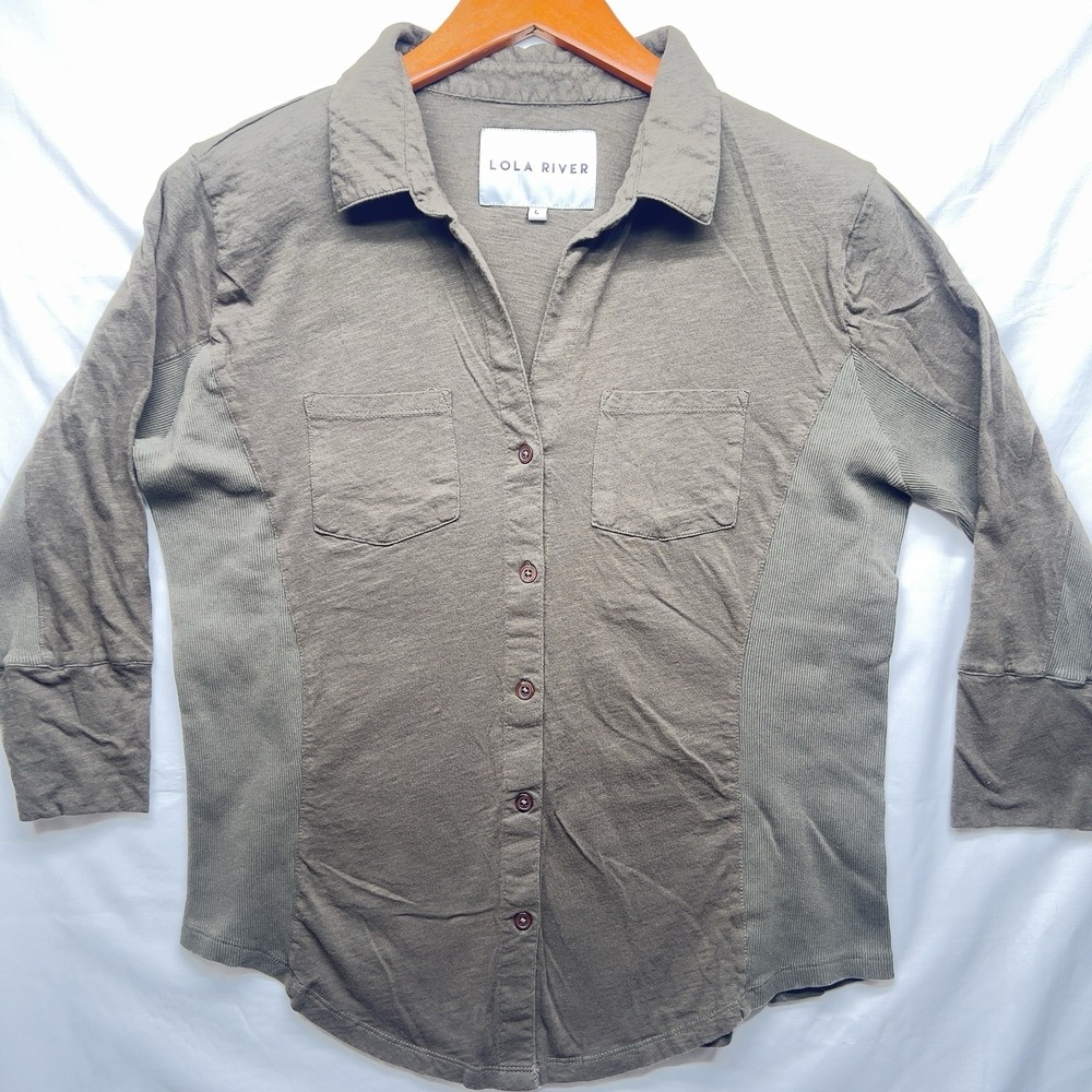 Lola River NYC Womens Olive Green Slub Knit Button Down Utility Shirt Size L